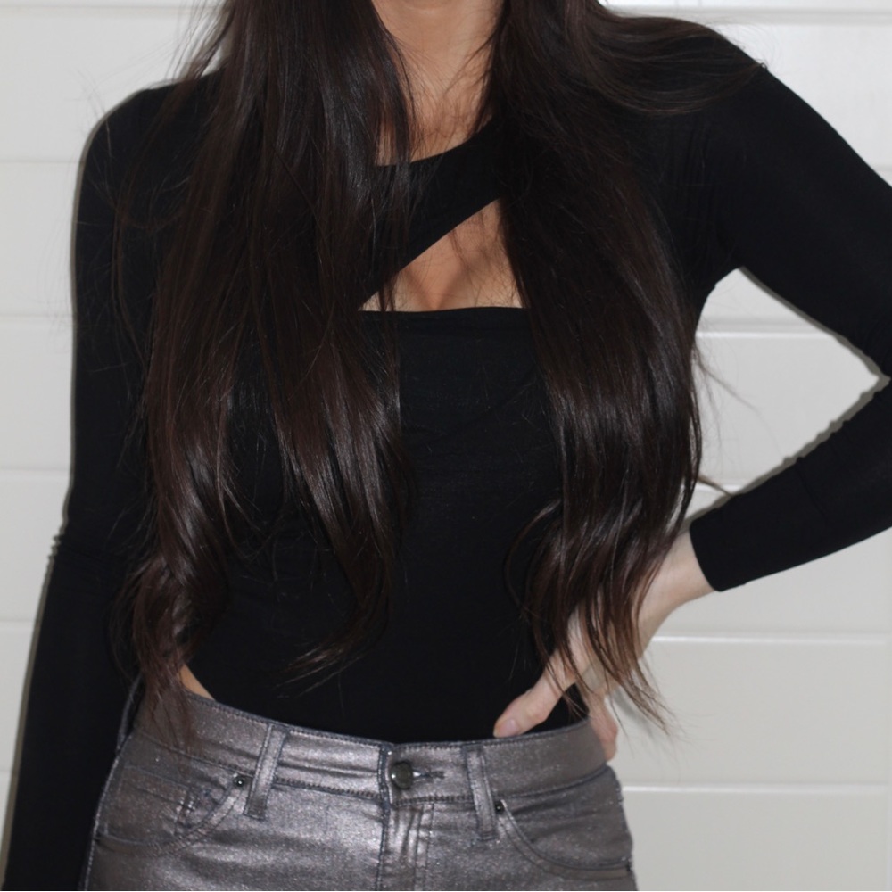 Windsorstore Cut Out Layered Knit Bodysuit - BLACK / S